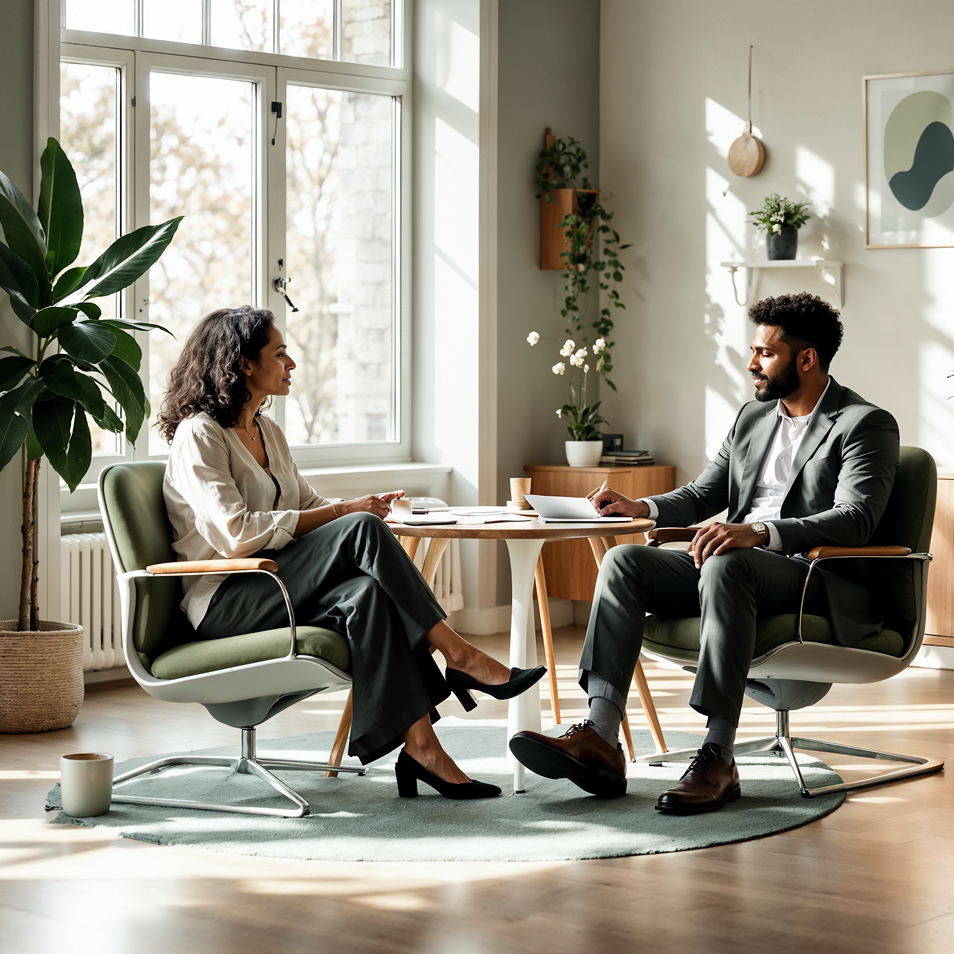 Two people reviewing paperwork together at a round table in a sunny room.